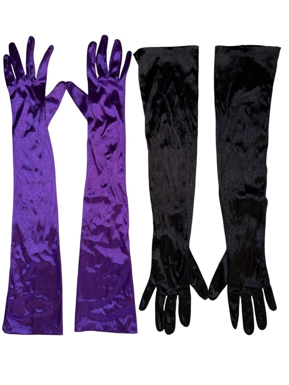 2 Pairs of Long Satin Opera Gloves One Purple & One Black